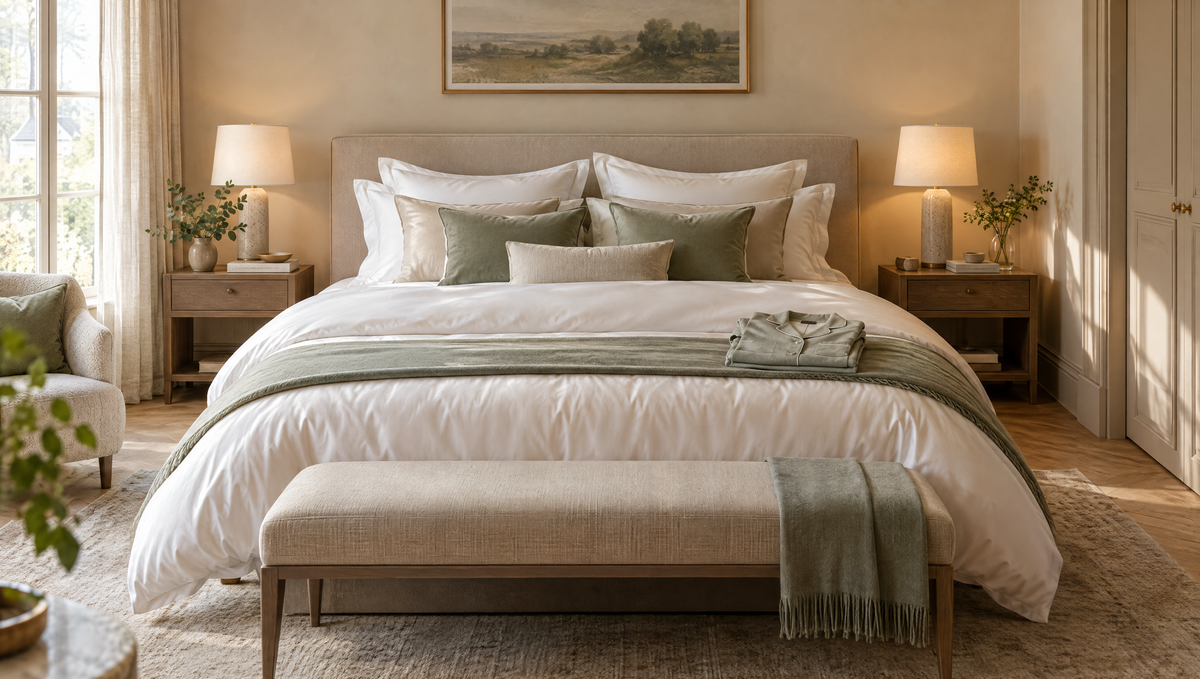 Luxueuze slaapkamer als een hotelsuite met kingsize bed en katoensatijnen beddengoed