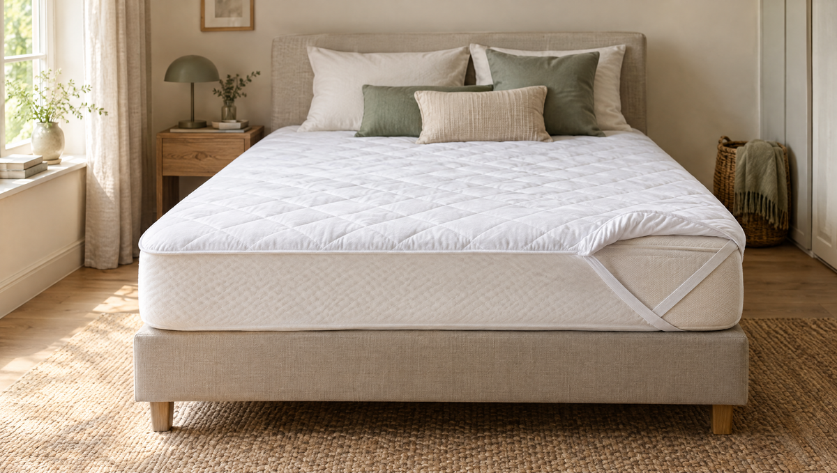 Matras met een gewatteerde witte matrasbeschermer, hoek omgeslagen