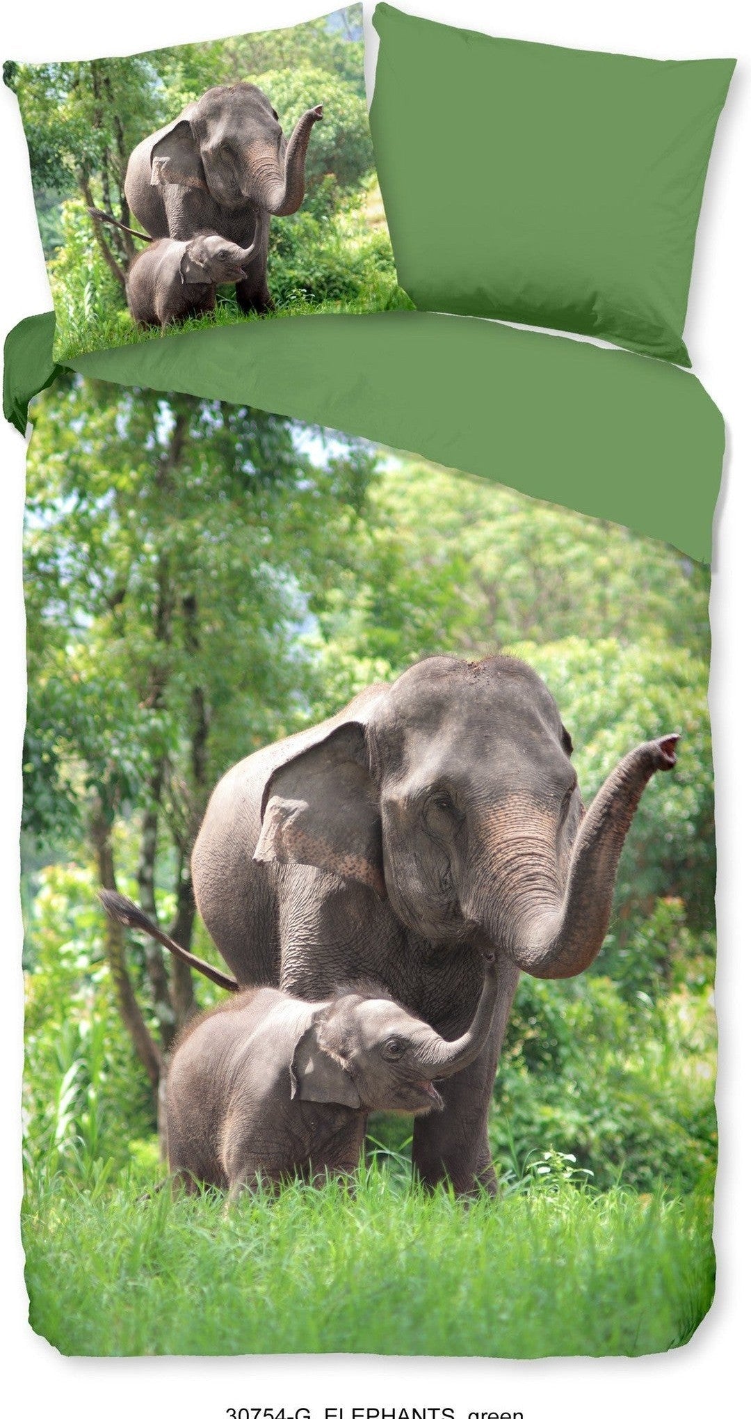 Good Morning Housse de Couette Coton Éléphants Vert