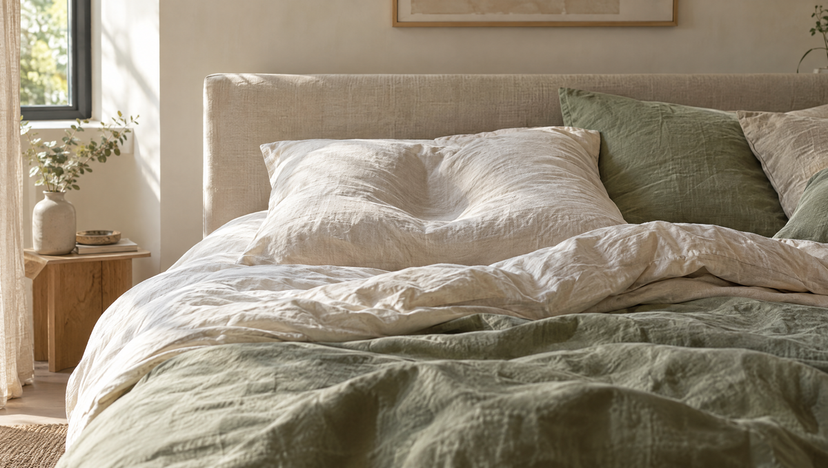 Bed met een ingedrukt hoofdkussen en teruggeslagen dekbed in het ochtendlicht