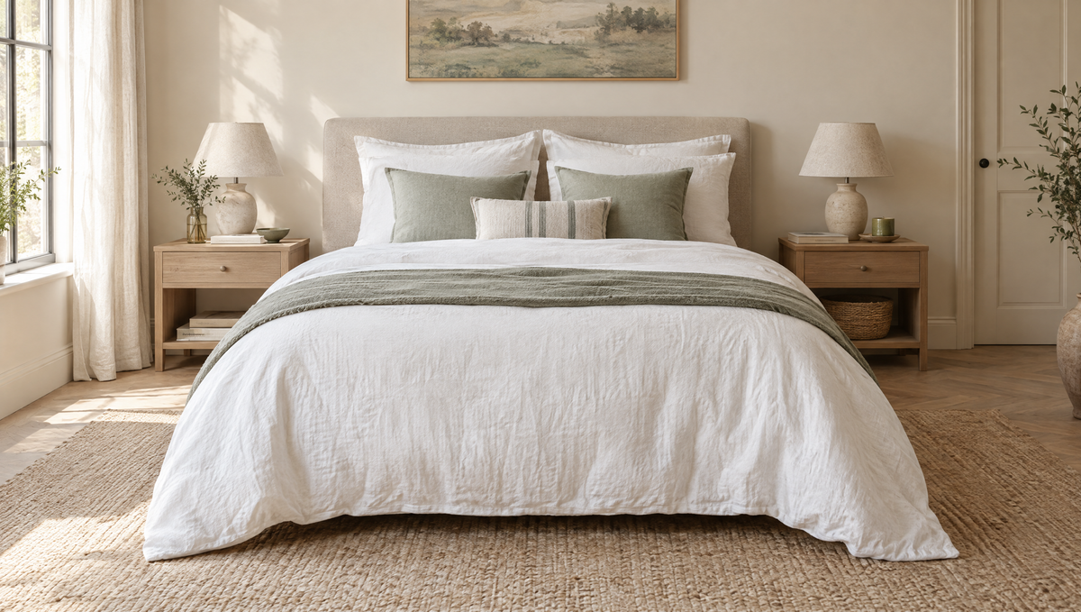 Tweepersoonsbed met een wit dekbed dat mooi aan beide kanten overhangt