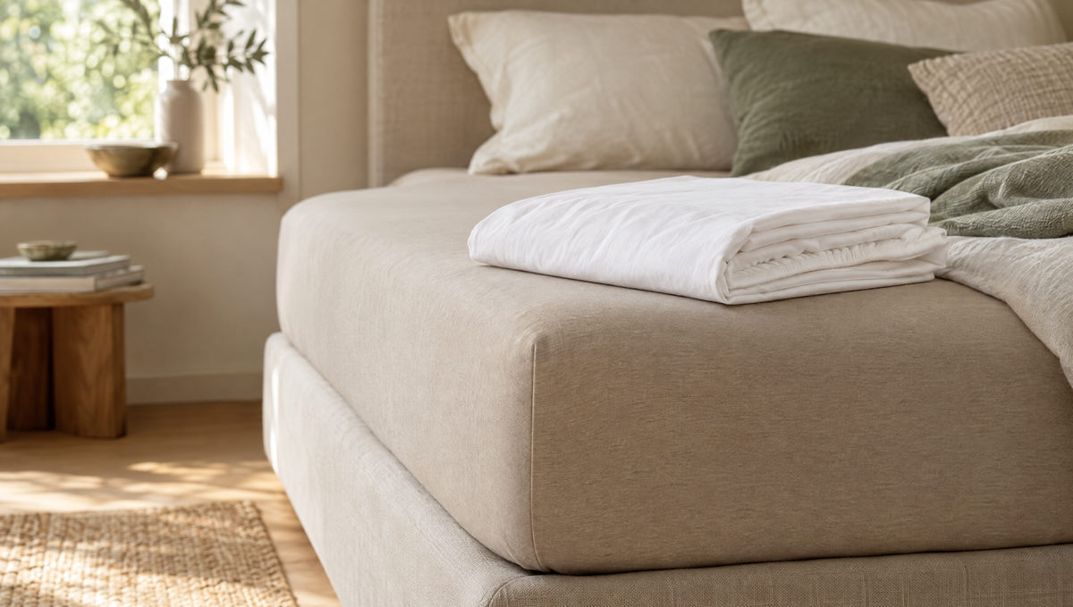 Jersey hoeslaken op een matras naast een gevouwen katoenen hoeslaken