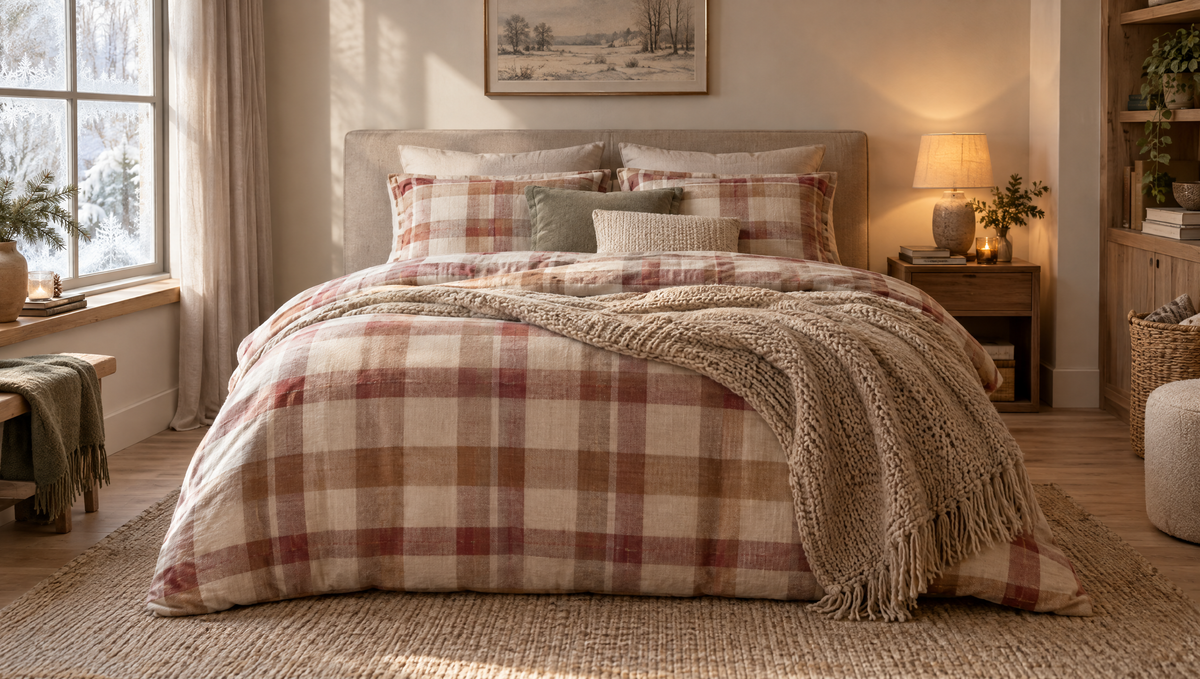 Winters bed met een zacht geruit flanellen dekbedovertrek