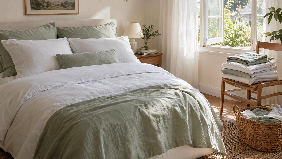 Vers verschoven bed met frisse lakens en een reservelakenset op een stoel